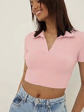 Zara Blush Ribbed Polo Crop Top